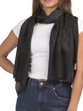 GUCCI Black Wool Large Fringe Trim Scarf
